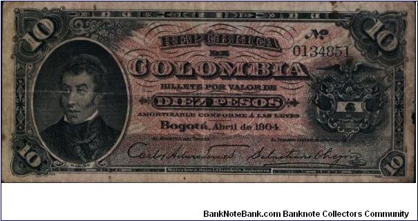 Colombia 10 pesos April 1904. Banknote