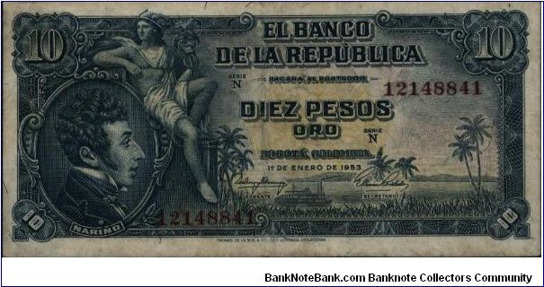 Colombia 10 pesos January 01 1953 Banknote