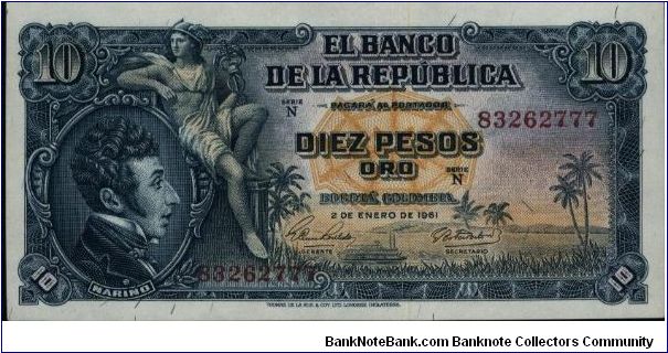 Colombia 10 pesos January 01 1961 Banknote