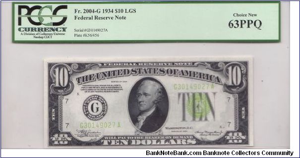 1934 $10 CHICAGO FRN

**PCGS 63PPQ**

***LIME GREEN SEAL***


**REPLACING A LOWER GRADE NOTE** Banknote