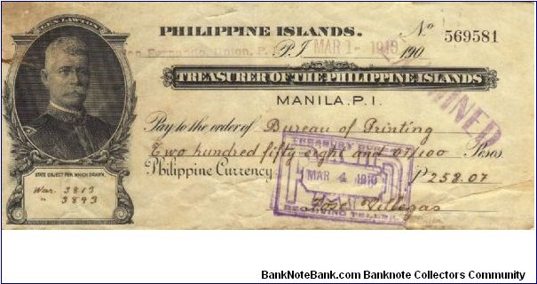 Super RARE Governor Lawton, Treasurer of the Philippines check. Banknote