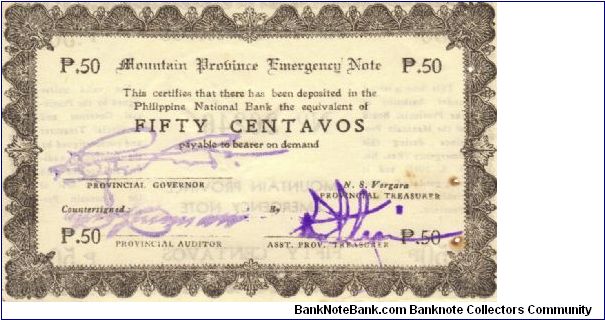 S594b Rare Mountain Province 50 centavos note in series, 9 of 11. Banknote