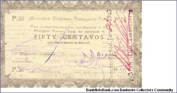 S594b RARE Mountain Province 50 centavos note in series, 2 of 2. Vertical countersigned on front Banknote