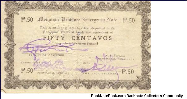 S594b RARE Mountain Province 50 centavos note with countersign on reverse. Banknote