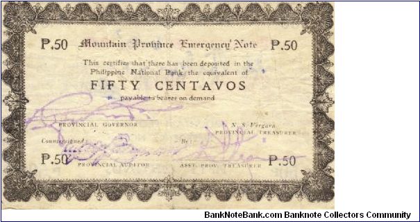 S594b RARE Mountain Province 50 centavos note with countersign on reverse. Banknote