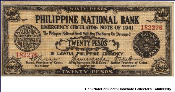 S218a Rare Cebu 20 Pesos note, redeamed by Placer, Leyte. Banknote