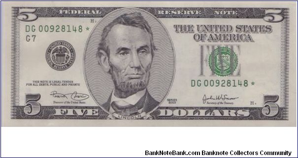 2003 $5 CHICAGO FRN

**STAR NOTE**

**#2 OF 2 CONSECUTIVE** Banknote