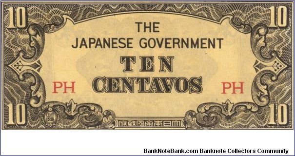 PI-104a RARE Philippine 10 centavos note under Japan rule, block letters PH. Banknote
