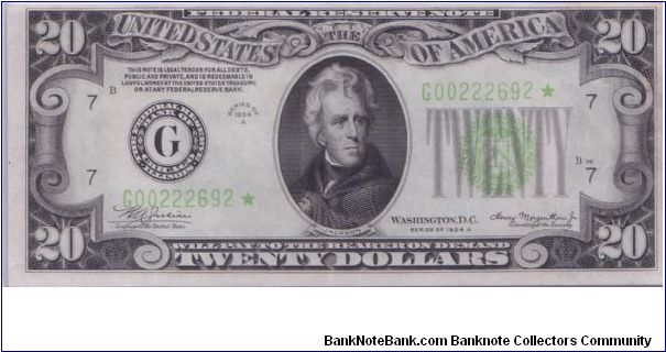 1934 A $20 CHICAGO **MULE** FRN 


**STAR NOTE**

**LIGHT GREEN SEAL**

CHCU BV $1500 Banknote