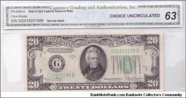 1934 D $20 CHICAGO FRN **NARROW BACK**

**CGA CHOICE UNCIRCULATED 63** Banknote