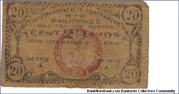 S-403 Rare Leyte  Emergency Currency Board 20 Centavos note. Banknote