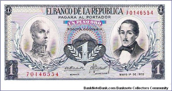 Colombia, 1 peso May 01 1970.

Simón Bolívar at l. Gen Francisco de Paula Santander at r. Liberty head, Condor & waterfall on rvs. Banknote