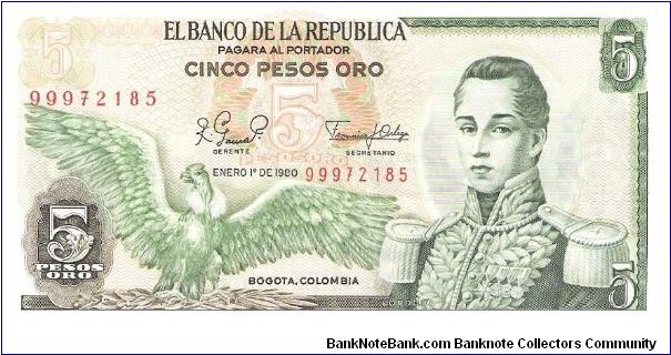 Colombia 5 pesos January 01 1980 

Condor at left. Jose Maria Corboba at right. Fortress at Cartagena on reverse. Banknote