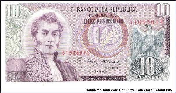 Colombia 10 pesos July 20 1964.

General Antonio Nariño at left. Condor at right. Archaeological site (Parque arqueológico San Agustin)on reverse. Banknote