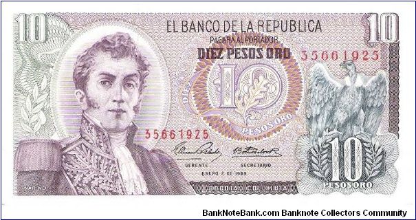 Colombia 10 pesos January 02 1969.

General Antonio Nariño at left. Condor at right. Archaeological site (Parque arqueológico San Agustin) Banknote