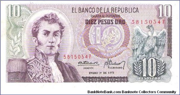 Colombia 10 pesos January 01 1973.

General Antonio Nariño at left. Condor at right. Archaeological site (Parque arqueológico San Agustin) Banknote