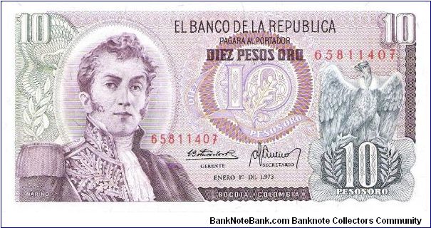 Colombia 10 pesos January 01 1973.

General Antonio Nariño at left. Condor at right. Archaeological site (Parque arqueológico San Agustin) Banknote