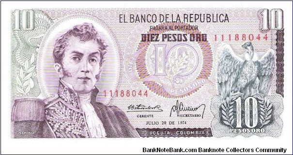 Colombia 10 pesos July 20 1974.

General Antonio Nariño at left. Condor at right. Archaeological site (Parque arqueológico San Agustin) Banknote