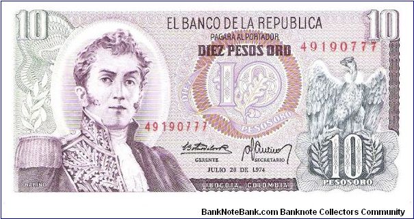 Colombia 10 pesos July 20 1974.

General Antonio Nariño at left. Condor at right. Archaeological site (Parque arqueológico San Agustin) Banknote