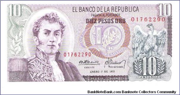 Colombia 10 pesos January 01 1975.

General Antonio Nariño at left. Condor at right. Archaeological site (Parque arqueológico San Agustin) Banknote