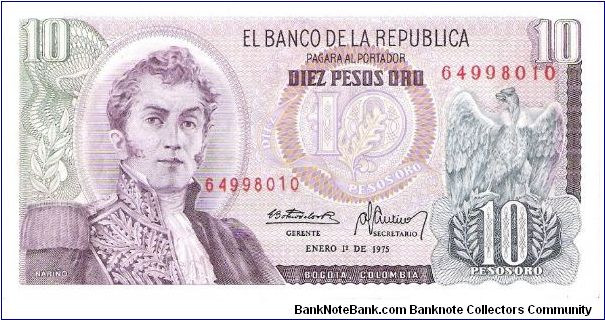 Colombia 10 pesos January 01 1975.

General Antonio Nariño at left. Condor at right. Archaeological site (Parque arqueológico San Agustin) Banknote