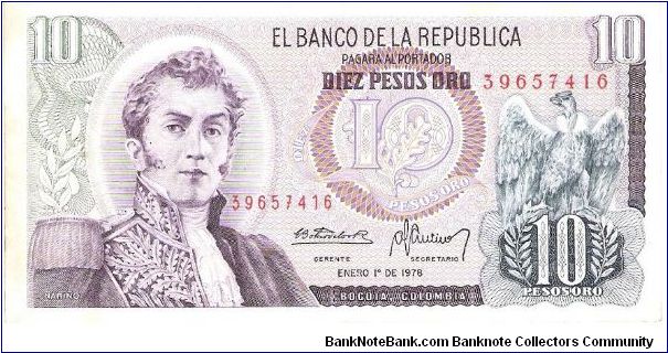 Colombia 10 pesos January 01 1978.

General Antonio Nariño at left. Condor at right. Archaeological site (Parque arqueológico San Agustin) Banknote