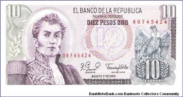 Colombia 10 pesos August 07 1980.

General Antonio Nariño at left. Condor at right. Archaeological site (Parque arqueológico San Agustin) Banknote