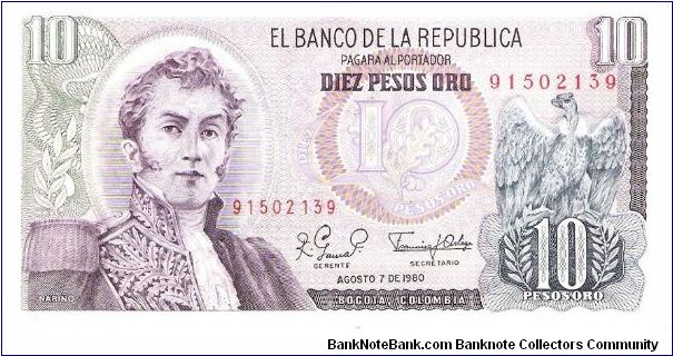 Colombia 10 pesos August 07 1980.

General Antonio Nariño at left. Condor at right. Archaeological site (Parque arqueológico San Agustin) Banknote