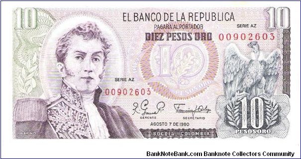 Colombia 10 pesos August 07 1980.

General Antonio Nariño at left. Condor at right. Archaeological site (Parque arqueológico San Agustin) 
AZ series Banknote