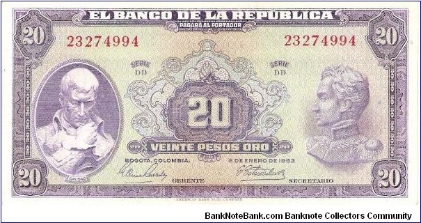 Colombia 20 pesos January 02 1963.

Obverse: General Francisco José de Caldas at left, General Simón Bolívar at right.

Reverse: Liberty head and Banco de la República seal Banknote