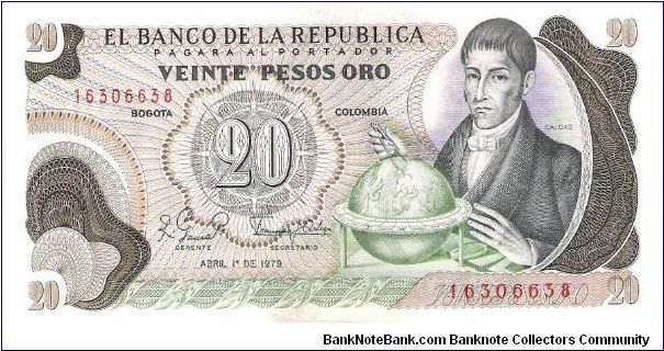 Colombia 20 pesos April 01 1979.

Gen. Francisco José de Caldas with globe at right. Poporo Quimbaya and Gold treasure from gold Museum on reverse. Banknote
