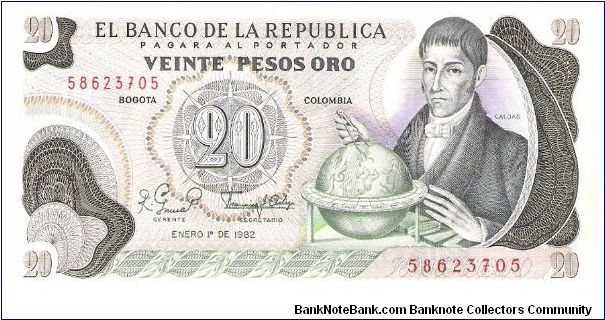 Colombia 20 pesos January 01 1982.

Gen. Francisco José de Caldas with globe at right. Poporo Quimbaya and Gold treasure from gold Museum on reverse.

Consecutive series 58623703/04/05/06 Banknote