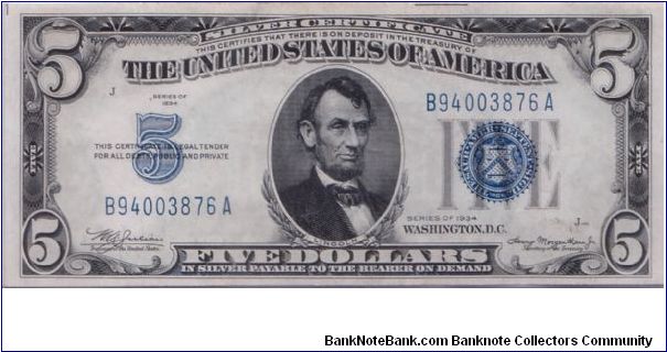 1934 $5 SILVER CERTIFICATE Banknote