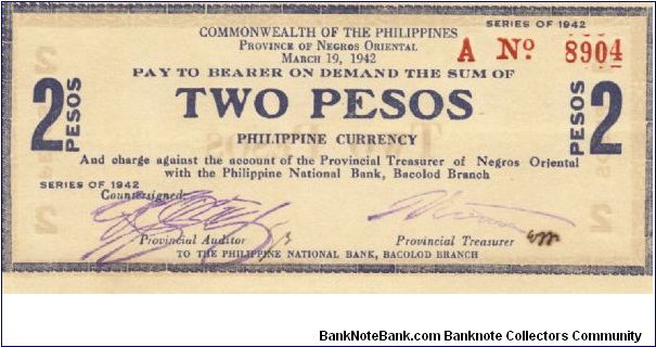 S-655a RARE Commonwealth of the Philippines Negros Oriental 2 Pesos note. Banknote