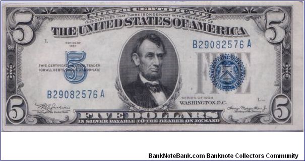 1934 $5 SILVER CERTIFICATE Banknote