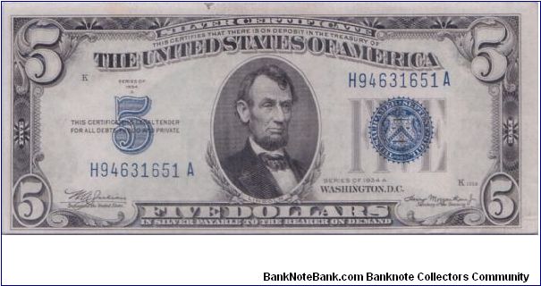 1934 A $5 SILVER CERTIFICATE Banknote