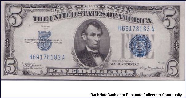 1934 A $5 SILVER CERTIFICATE Banknote