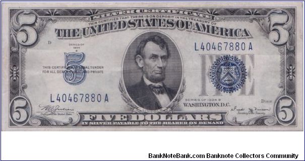 1934 B $5 SILVER CERTIFICATE Banknote