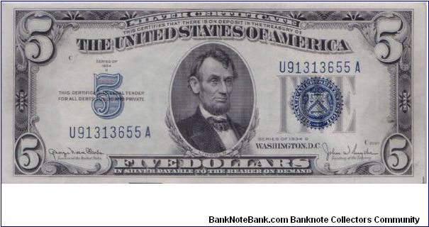 1934 D  **WIDE I** $5 SILVER CERTIFICATE Banknote