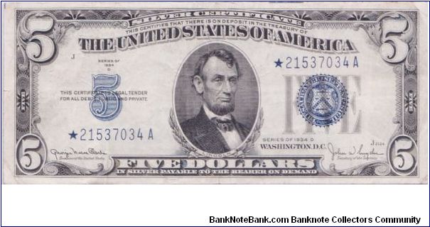 1934 D $5 SILVER CERTIFICATE

**STAR NOTE** Banknote