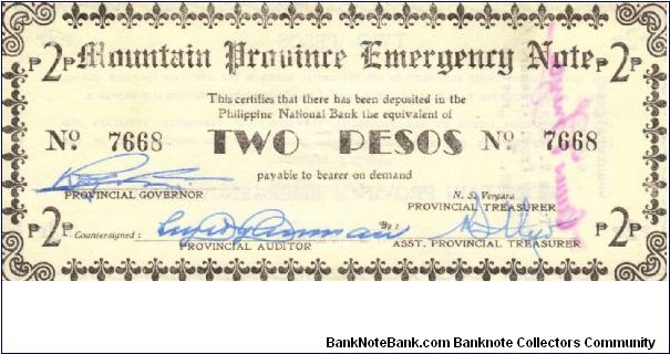 S-596b Mountain Province Emergency 2 Peso note with rare countersign on reverse. Banknote