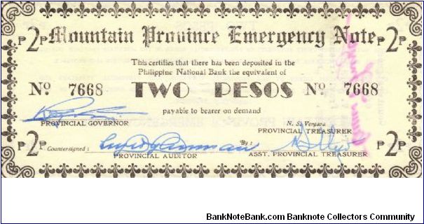 S-596b Mountain Province Emergency 2 Peso note with rare countersign on reverse. Banknote