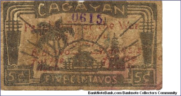 S-178b Cagayan 5 centavos note with red text. Banknote