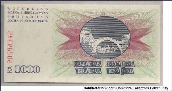 Bosnia 1000 Dinara 1992 P15a. Banknote