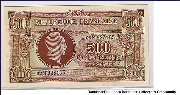 REPUBLIC OF FRANCE
500 CENTS/5 FRANCS Banknote