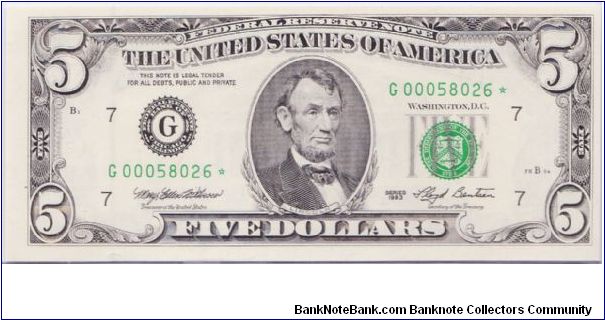 1993 $5 CHICAGO FRN

**STAR NOTE**

**5 DIGIT SERIAL** Banknote