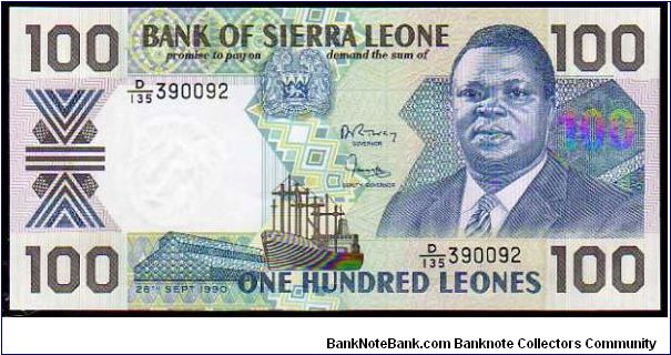 100 Leones__

Pk 18 c__

26-September-1990
 Banknote