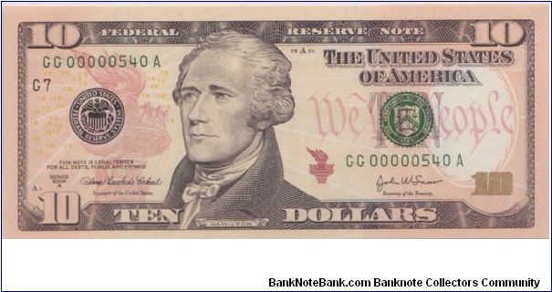2004 A $10 CHICAGO FRN

**SUPER LOW 3 DIGIT SERIAL**

**BEP SPECIAL ISSUE**

**1 OF ONLY 3000 NOTES** Banknote