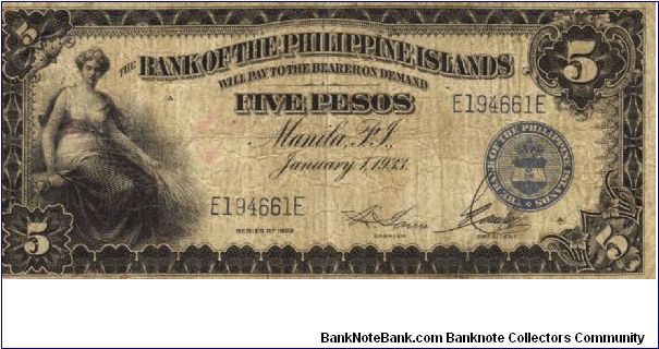 PI-22 Bank of the Philippines 5 Pesos note. I will sell this note for best offer or trade it for notes I need. Banknote