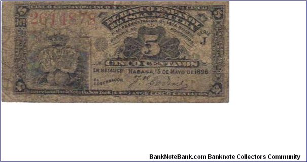 Small note (1-3/8 x 3). Spanish Bank of the Island of Cuba colonial issue Banknote